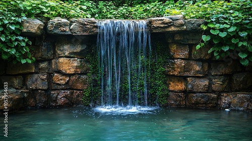 Fototapeta Naklejka Na Ścianę i Meble -    Waterfall falls into center of green-surrounded pool within stone wall