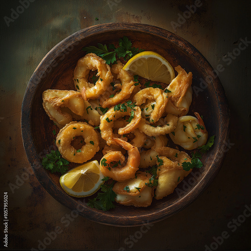 Italian Fried Calamari Served with Fresh Lemon Wedges and Parsley, A Classic Seafood Appetizer photo