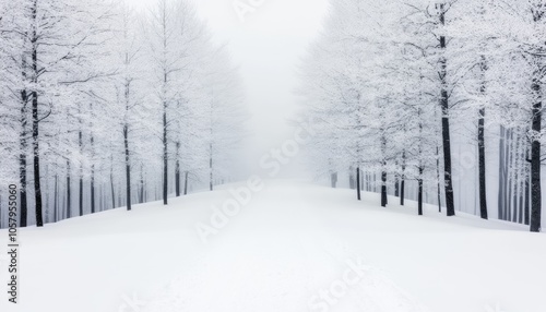 A snow-covered path leads through a dense forest of trees covered in frost on a foggy winter day.