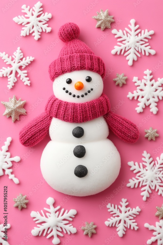 A snowman with a pink hat and scarf surrounded by snowflakes on a pink background. A snowman with a pink hat and scarf surrounded by snowflakes on a pink background.