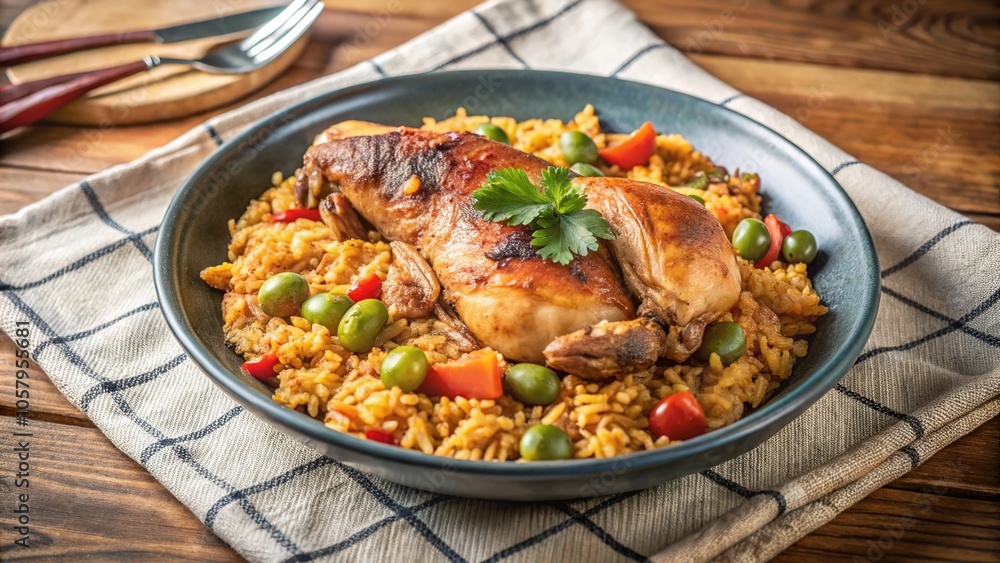Delicious plate of arroz con pollo featuring succulent chicken served with seasoned rice and colorful vegetables Delicious plate of arroz con pollo featuring succulent chicken served with seasoned rice and colorful vegetables