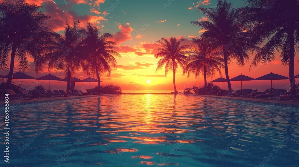 Silhouettes of palm trees on a tropical beach at sunset, with a swimming pool in the foreground. Silhouettes of palm trees on a tropical beach at sunset, with a swimming pool in the foreground.