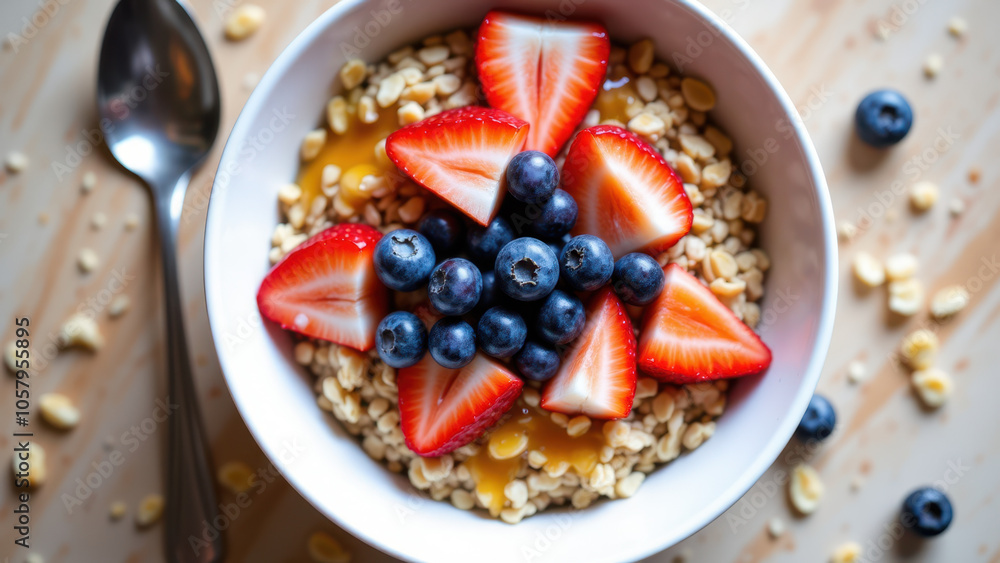 A bowl of cereal with strawberries and blueberries. A bowl of cereal with strawberries and blueberries.