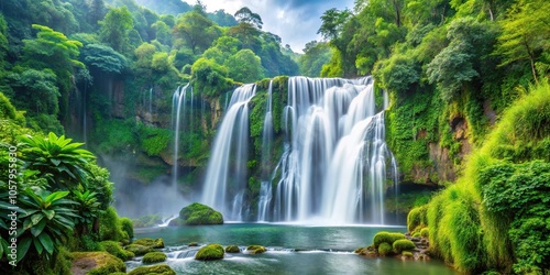 Majestic waterfalls flowing through lush greenery in a stunning natural landscape