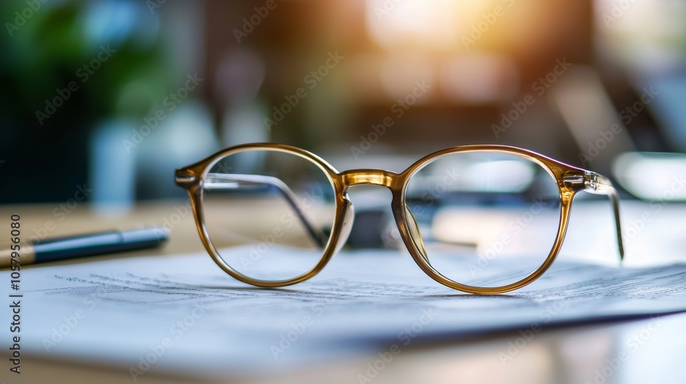 Close-up of eyeglasses on document in soft sunlight Close-up of eyeglasses on document in soft sunlight