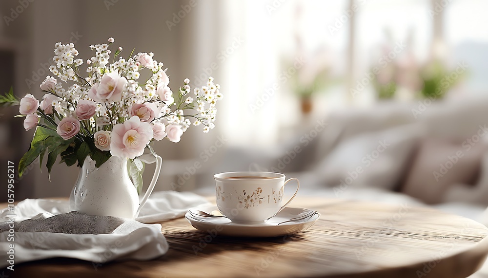 Warm Morning Breakfast Scene Featuring Tea and Flowers, Capturing Comfort in a Home Setting Warm Morning Breakfast Scene Featuring Tea and Flowers, Capturing Comfort in a Home Setting