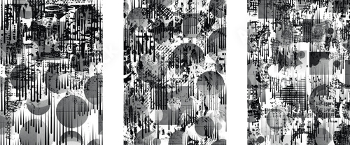 Set of glitch distorted grunge overlay textures. Collection of overlaying textures with halftone dots, scratches and lines .Screen print vector layers pack. Overlays with grunge textured surface