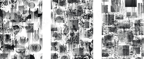 Set of glitch distorted grunge overlay textures. Collection of overlaying textures with halftone dots, scratches and lines .Screen print vector layers pack. Overlays with grunge textured surface