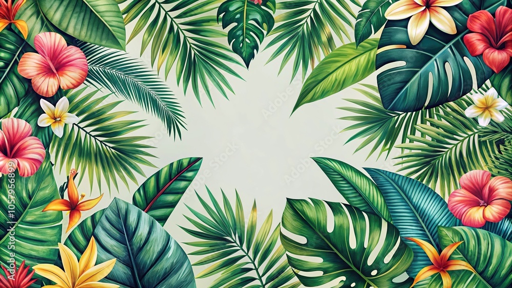 Medium complexity tropical leaves and flowers pattern silhouette Medium complexity tropical leaves and flowers pattern silhouette