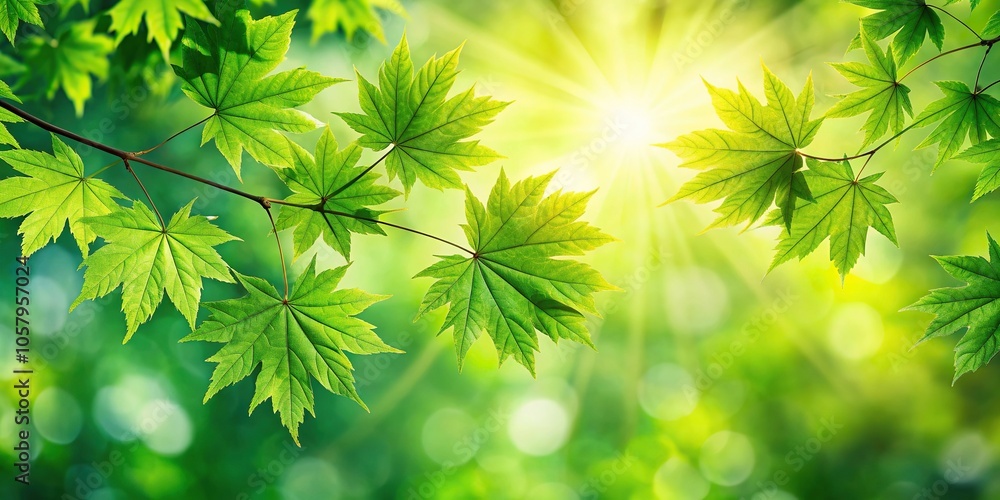 Medium shot back lit green maple leaves with spring background Medium shot back lit green maple leaves with spring background