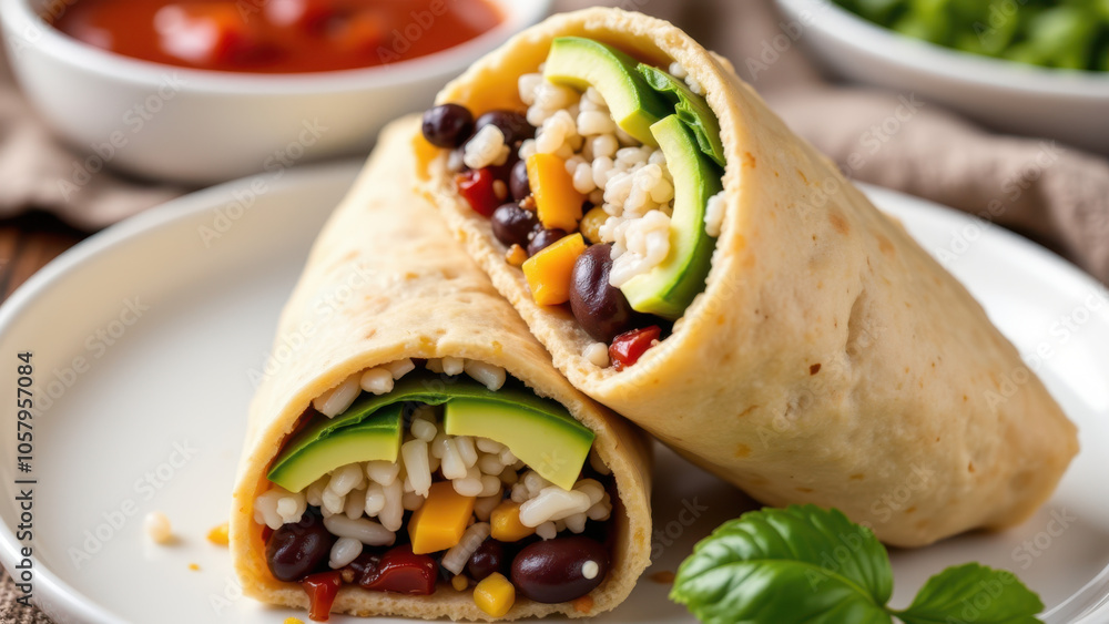 Vegetarian wrap with corn, beans, avocado and a variety of colorful veggies. Vegetarian wrap with corn, beans, avocado and a variety of colorful veggies.