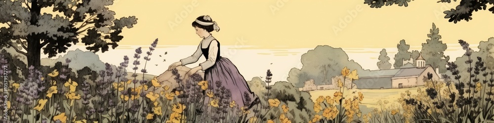 A young girl in historical attire gathers flowers in a serene countryside setting. A young girl in historical attire gathers flowers in a serene countryside setting.