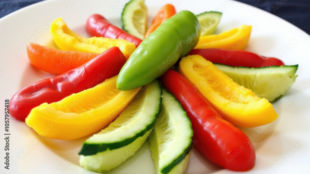 A vibrant plate of assorted sliced fruits and vegetables. A vibrant plate of assorted sliced fruits and vegetables.