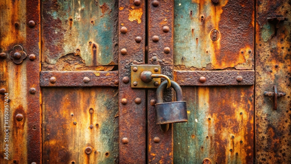 Medium shot of ancient rusted iron door closed with padlock Medium shot of ancient rusted iron door closed with padlock