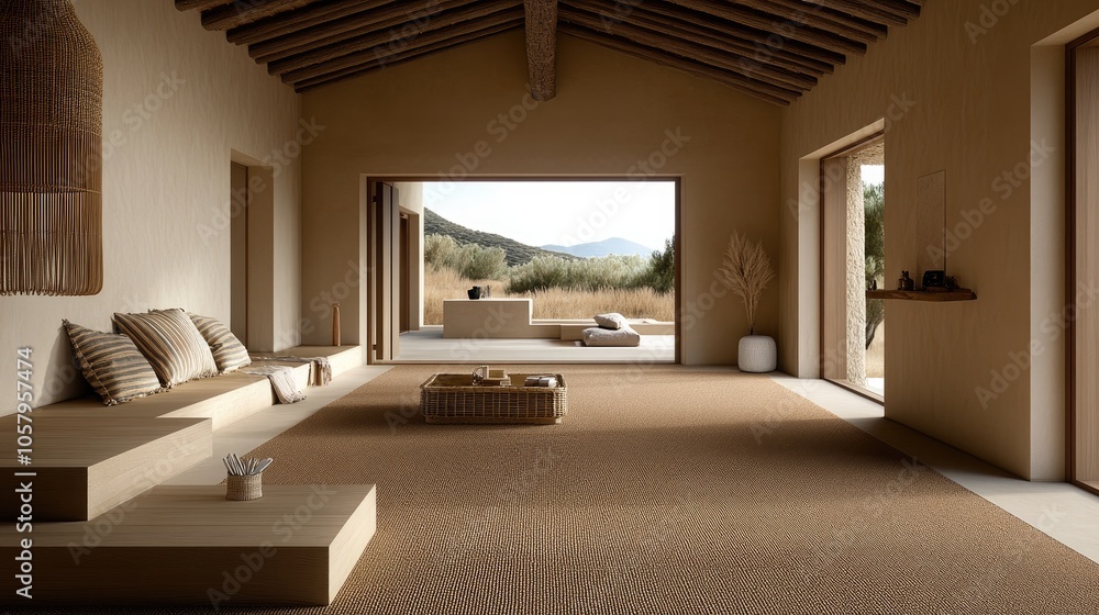 This inviting living room showcases bohemian style with a rattan bench, beige wall decor, a soft carpet, and a striking straw lamp overhead, creating a warm atmosphere This inviting living room showcases bohemian style with a rattan bench, beige wall decor, a soft carpet, and a striking straw lamp overhead, creating a warm atmosphere