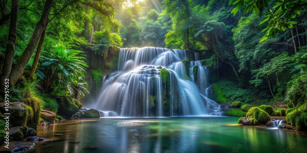 Medium shot of rainforest waterfall with flowing liquid metal and luminescent undergrowth Medium shot of rainforest waterfall with flowing liquid metal and luminescent undergrowth