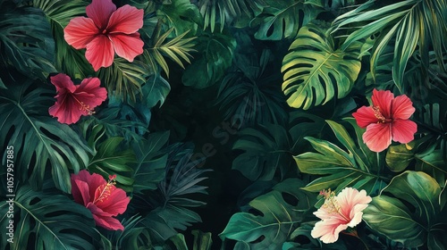 A vibrant arrangement of tropical flowers and leaves in a lush green setting.