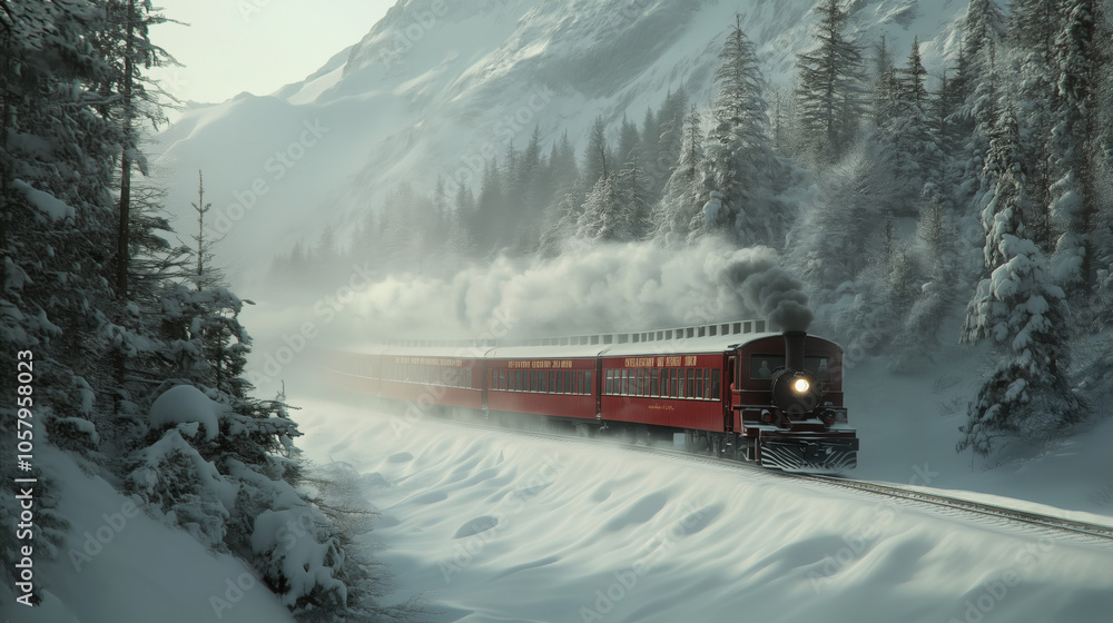 Naklejka premium Christmas Santa northpole express train running thru snow storm blizzard outside with steam, Christmas lights and spirits, beautiful night, full of joy, magical moment, xmas holidays
