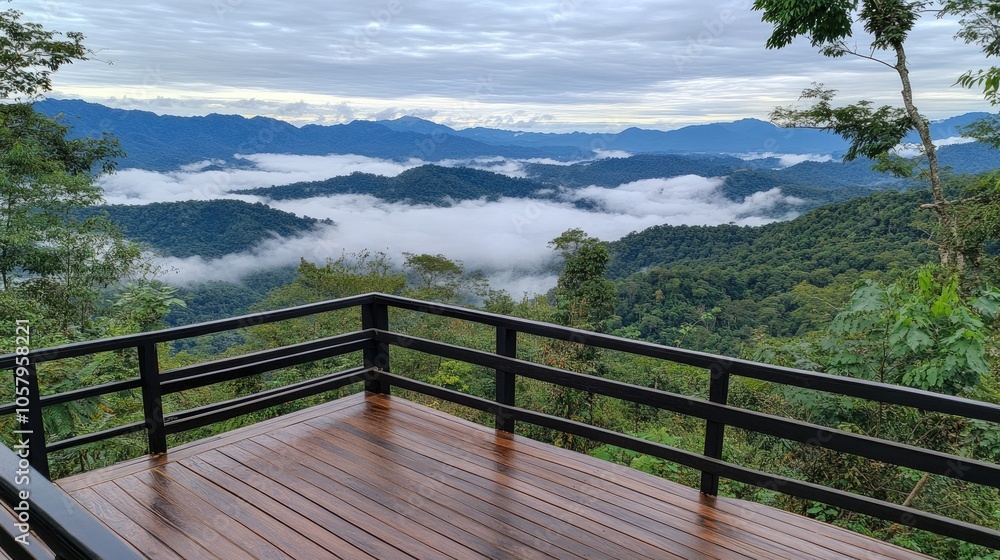 Experience breathtaking green mountains from a balcony in Northern Thailand, where clouds and mist create a serene atmosphere in the hills below Experience breathtaking green mountains from a balcony in Northern Thailand, where clouds and mist create a serene atmosphere in the hills below