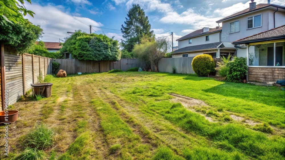 Messy backyard with overgrown lawn in need of landscaping Messy backyard with overgrown lawn in need of landscaping