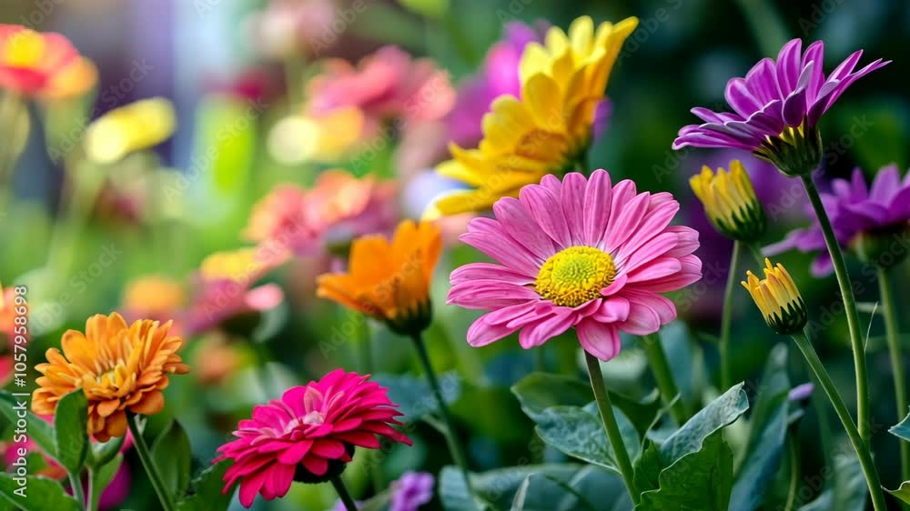 A bright pink daisy stands out among a bed of colorful flowers in a garden A bright pink daisy stands out among a bed of colorful flowers in a garden