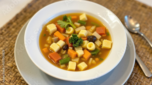 A bowl of homemade soup, possibly minestrone, with visible ingredients such as pasta or rice and various vegetables.