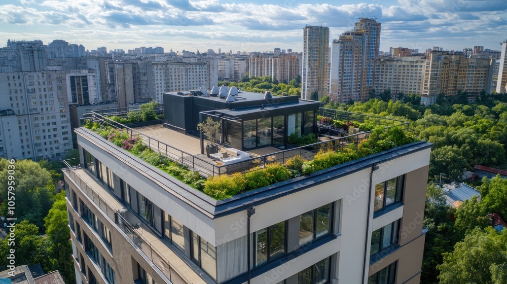 Naklejka premium Aerial view of a modern building with a green rooftop and city skyline in the background.