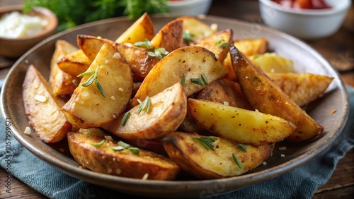 Enjoy deliciously seasoned potato wedges served in a rustic bowl with fresh herbs and dipping sauces at a cozy gathering