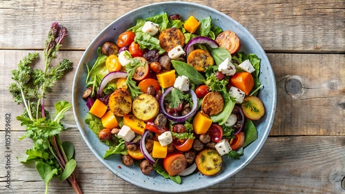 Delicious roasted vegetable salad featuring colorful fresh ingredients, perfect for a wholesome meal at any time of day