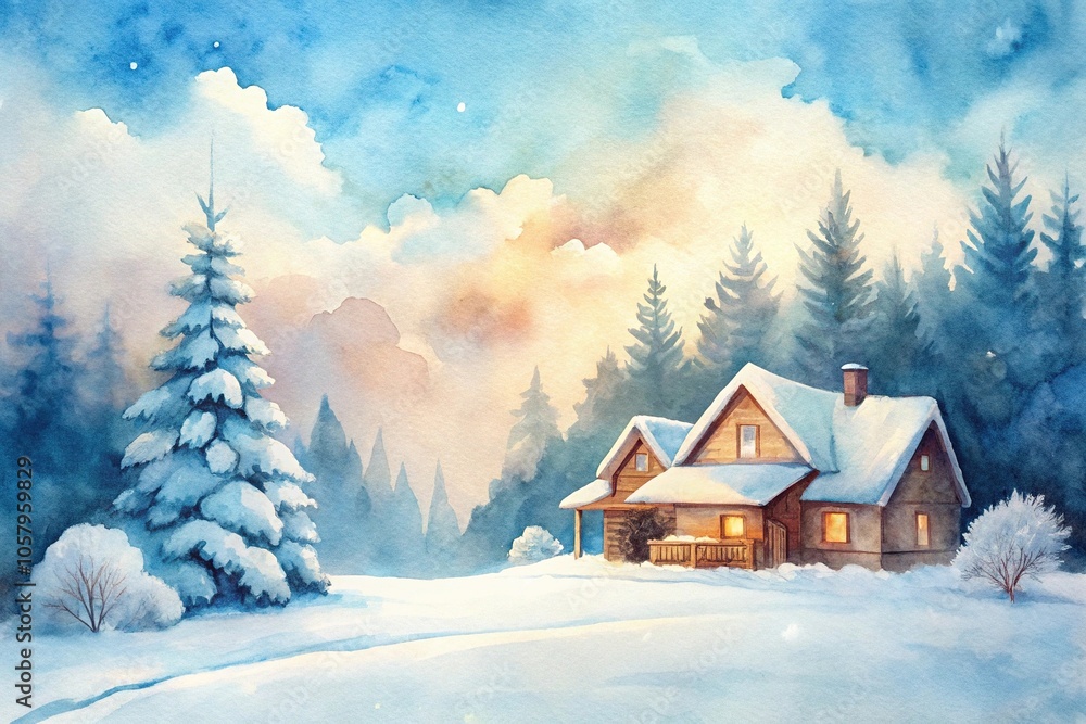 Naklejka premium Minimalist and cozy winter art watercolor background with image of a villa