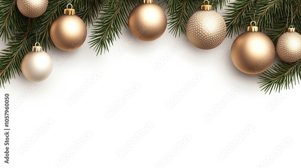 This chic holiday backdrop features hanging white and gold ornaments complemented by a lush garland of pine branches, perfect for Christmas decorations This chic holiday backdrop features hanging white and gold ornaments complemented by a lush garland of pine branches, perfect for Christmas decorations