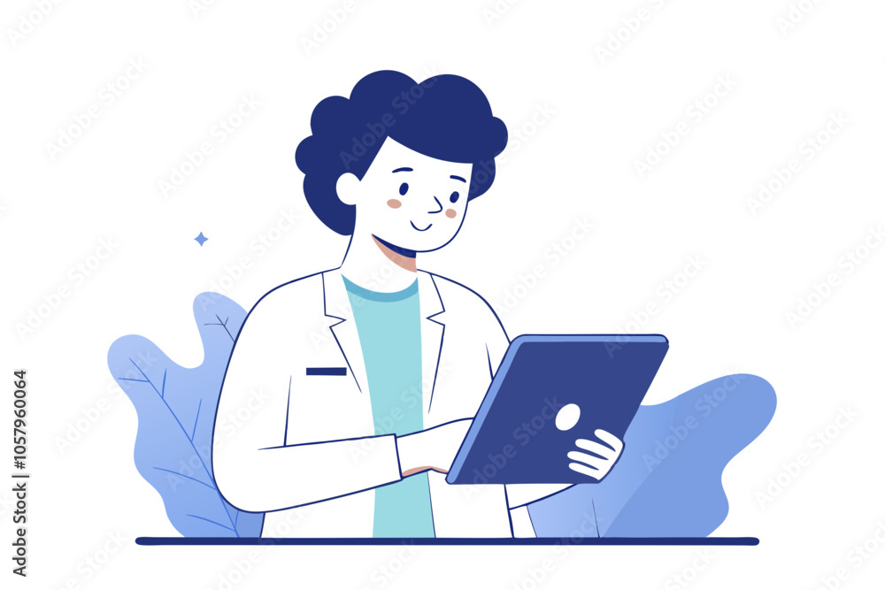 Line Art of a Medical Professional Analyzing Patient Data on a Tablet Line Art of a Medical Professional Analyzing Patient Data on a Tablet