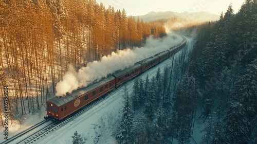 Christmas Santa northpole express train running thru snow storm blizzard outside with steam, Christmas lights and spirits, beautiful night, full of joy, magical moment, xmas holidays photo