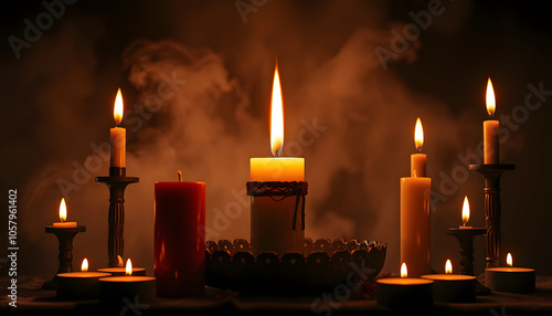 Candle burns on the altar, powerful magic among candles, pagan or wicca concept isolated with white highlights, png photo