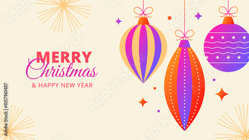 Christmas balls and ornaments with gradient colors hanging on a beige background. Holiday banner. Vector illustration
