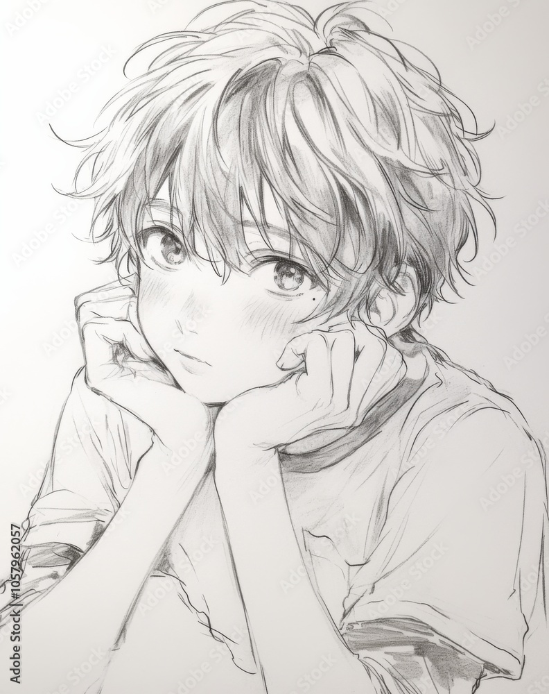 Charming pencil sketch of an anime boy resting his chin on both hands, conveying a thoughtful and relaxed demeanor. Charming pencil sketch of an anime boy resting his chin on both hands, conveying a thoughtful and relaxed demeanor.