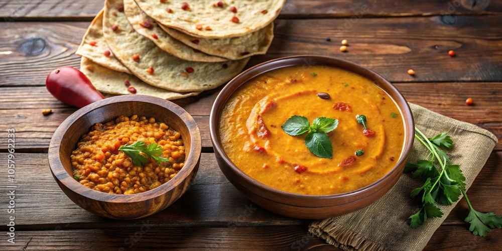 Minimalist Indian lentil soup with roti on wooden table Minimalist Indian lentil soup with roti on wooden table