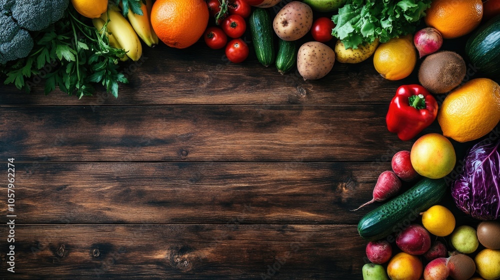 A variety of fruits and vegetables on a wooden background. Bright colors symbolize a healthy lifestyle,balanced diet and fresh products. The concept of awareness of World Diabetes and Health Day. AI A variety of fruits and vegetables on a wooden background. Bright colors symbolize a healthy lifestyle,balanced diet and fresh products. The concept of awareness of World Diabetes and Health Day. AI