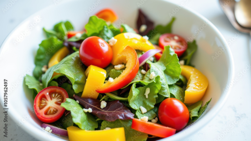 Fresh vegetable salad in white bowl with leafy greens, cherry tomatoes, and sliced red onion. Fresh vegetable salad in white bowl with leafy greens, cherry tomatoes, and sliced red onion.