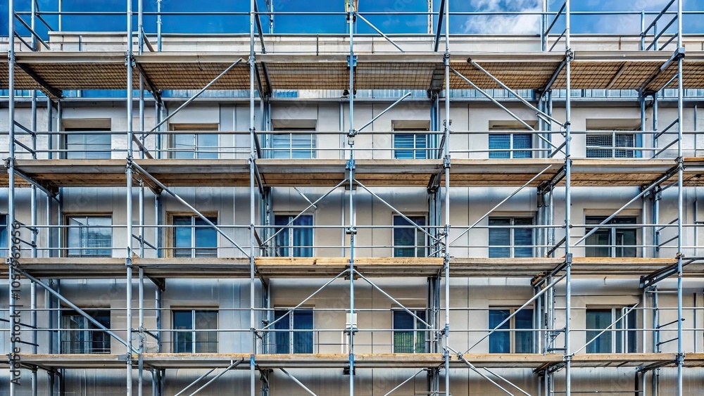 Minimalist multi level scaffolding installed on the facade of the building. Minimalist multi level scaffolding installed on the facade of the building.