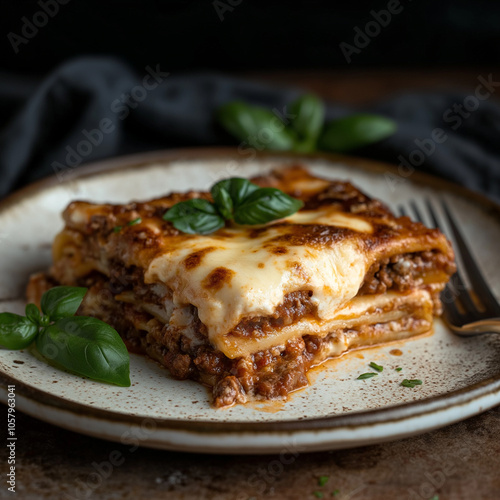 Italian Lasagna with Rich Meat and Tomato Sauce, Creamy Béchamel, and Mozzarella Cheese Topping photo