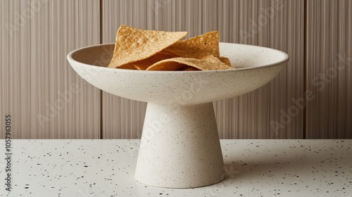 A white bowl holds smooth guacamole paired with crispy tortilla chips, set against a light gray backdrop, inviting for a tasty and colorful snack experience