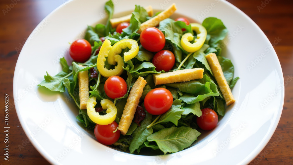 Fresh salad with tomatoes and greens on a white plate. Fresh salad with tomatoes and greens on a white plate.