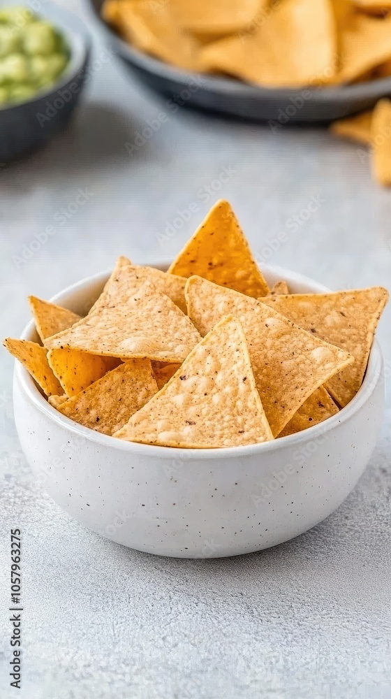 A white bowl holds smooth guacamole paired with crispy tortilla chips, set against a light gray backdrop, inviting for a tasty and colorful snack experience A white bowl holds smooth guacamole paired with crispy tortilla chips, set against a light gray backdrop, inviting for a tasty and colorful snack experience