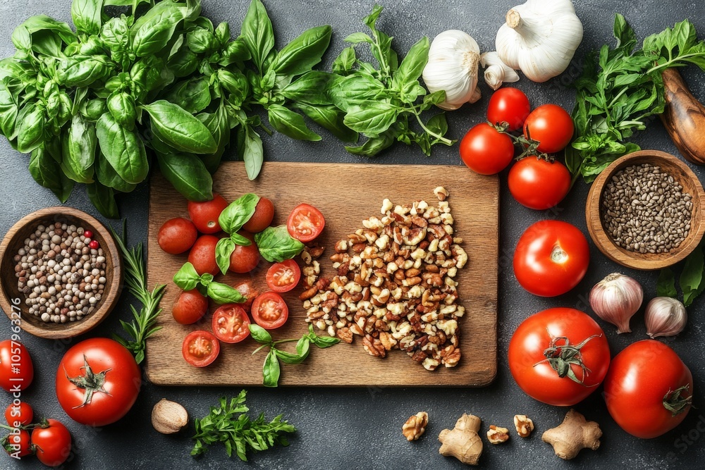 Fresh tomatoes basil garlic and walnuts on wooden board capturing the essence of Italian cooking natural ingredients and culinary creativity in a rustic style Fresh tomatoes basil garlic and walnuts on wooden board capturing the essence of Italian cooking natural ingredients and culinary creativity in a rustic style
