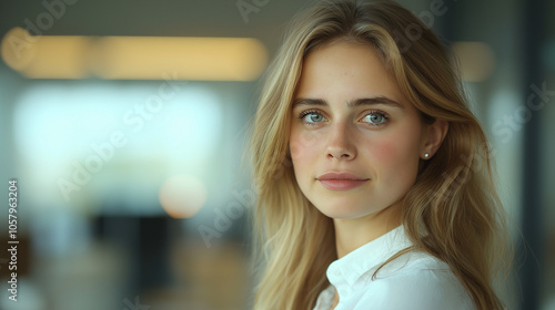 Young adult woman with blonde hair in office with soft expression Free Download Young adult woman with blonde hair in office with soft expression - GFXLoad