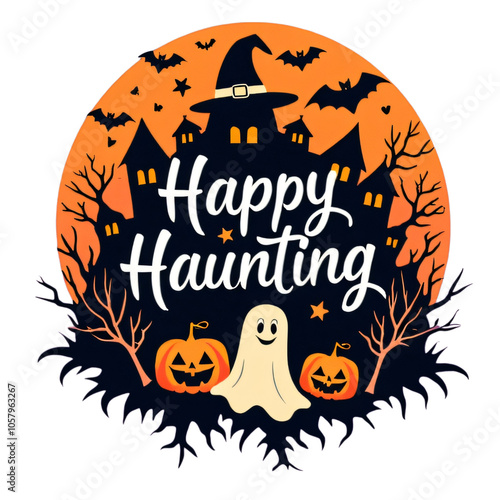 Spooky Halloween Haunted House & Ghost Illustration photo