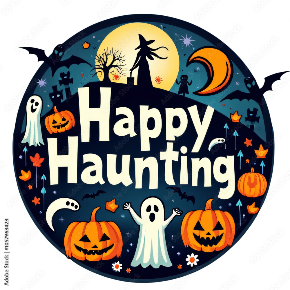 Happy Haunting Halloween Circular Design with Ghosts, Pumpkins, and Bats Happy Haunting Halloween Circular Design with Ghosts, Pumpkins, and Bats