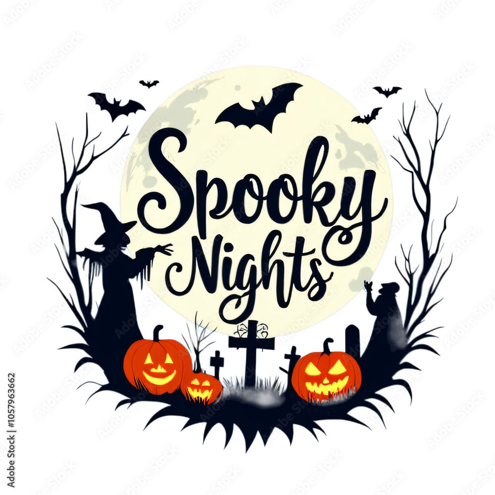 Spooky Nights Halloween Circular Design with Witch and Pumpkins Spooky Nights Halloween Circular Design with Witch and Pumpkins