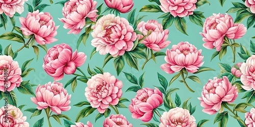 Fototapeta Naklejka Na Ścianę i Meble -  Minimalist retro floral pattern with peonies on aquamarine backdrop seamless print